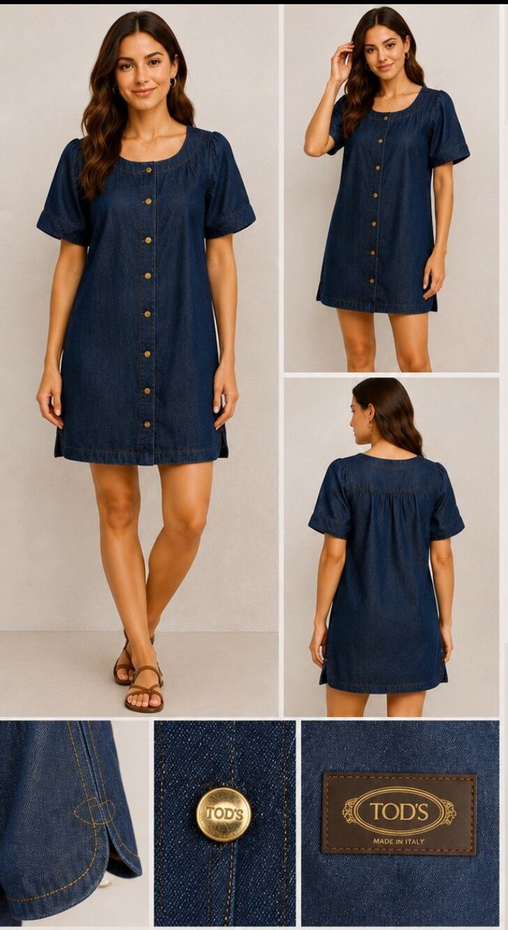 TOD’S Denim Dress Womens Size 40 Blue Button Front Made In Italy Designer